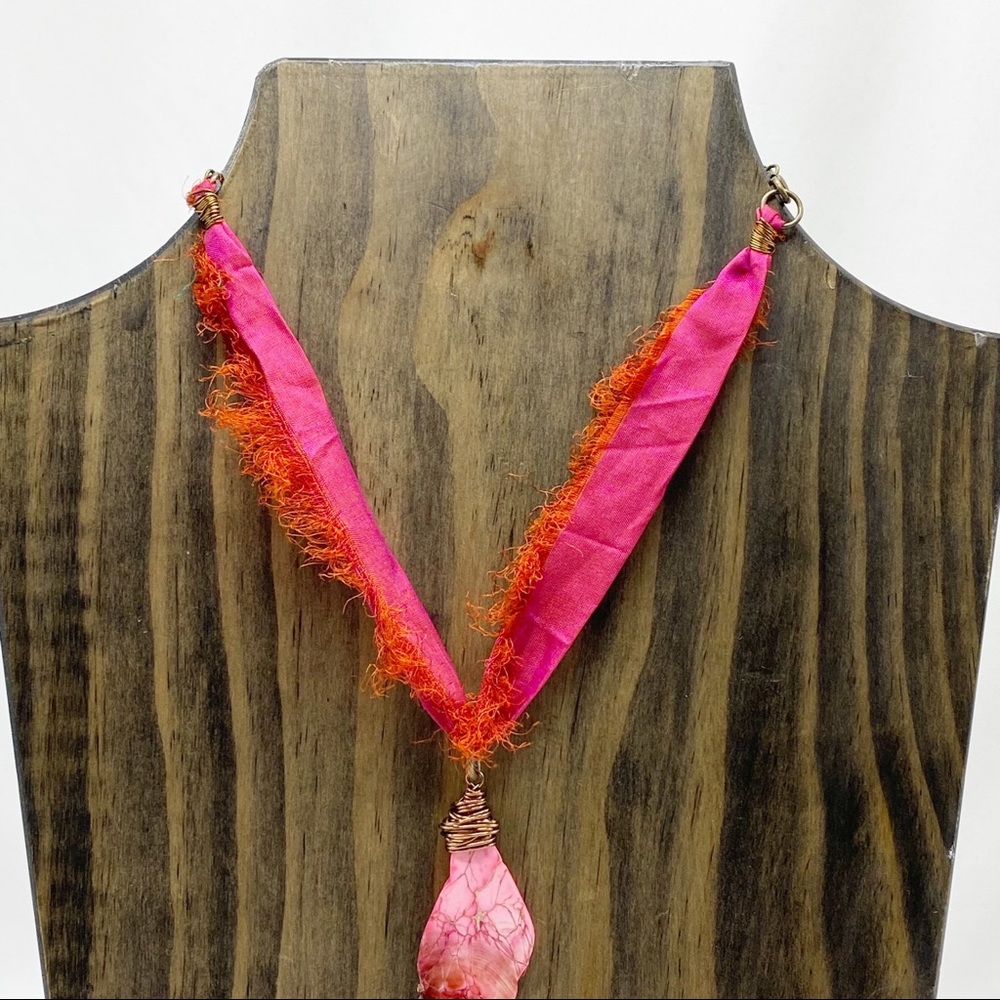Custom Pink Jasper Stone Silk Ribbon Necklace Handcrafted NEW